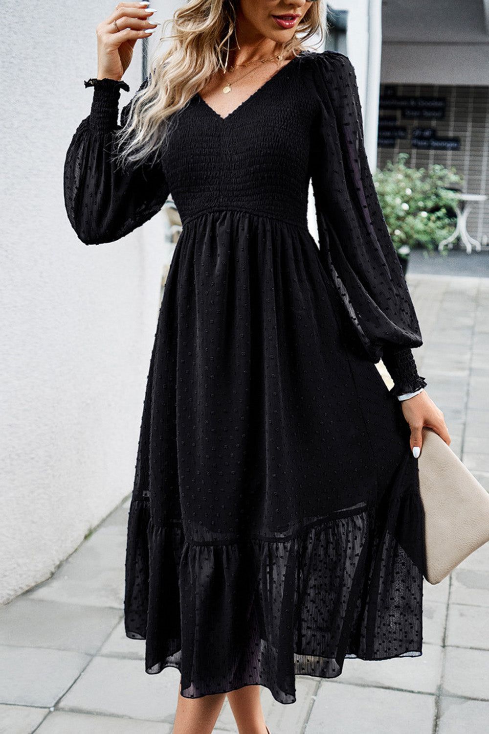 Black A-Line V-Neck Long Sleeves Casual Dress sold by Zapaka product image thumbnail 4