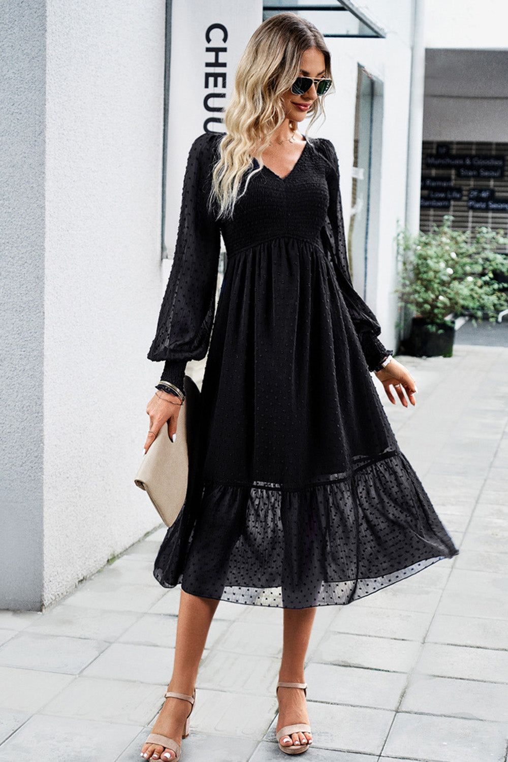 Black A-Line V-Neck Long Sleeves Casual Dress sold by Zapaka