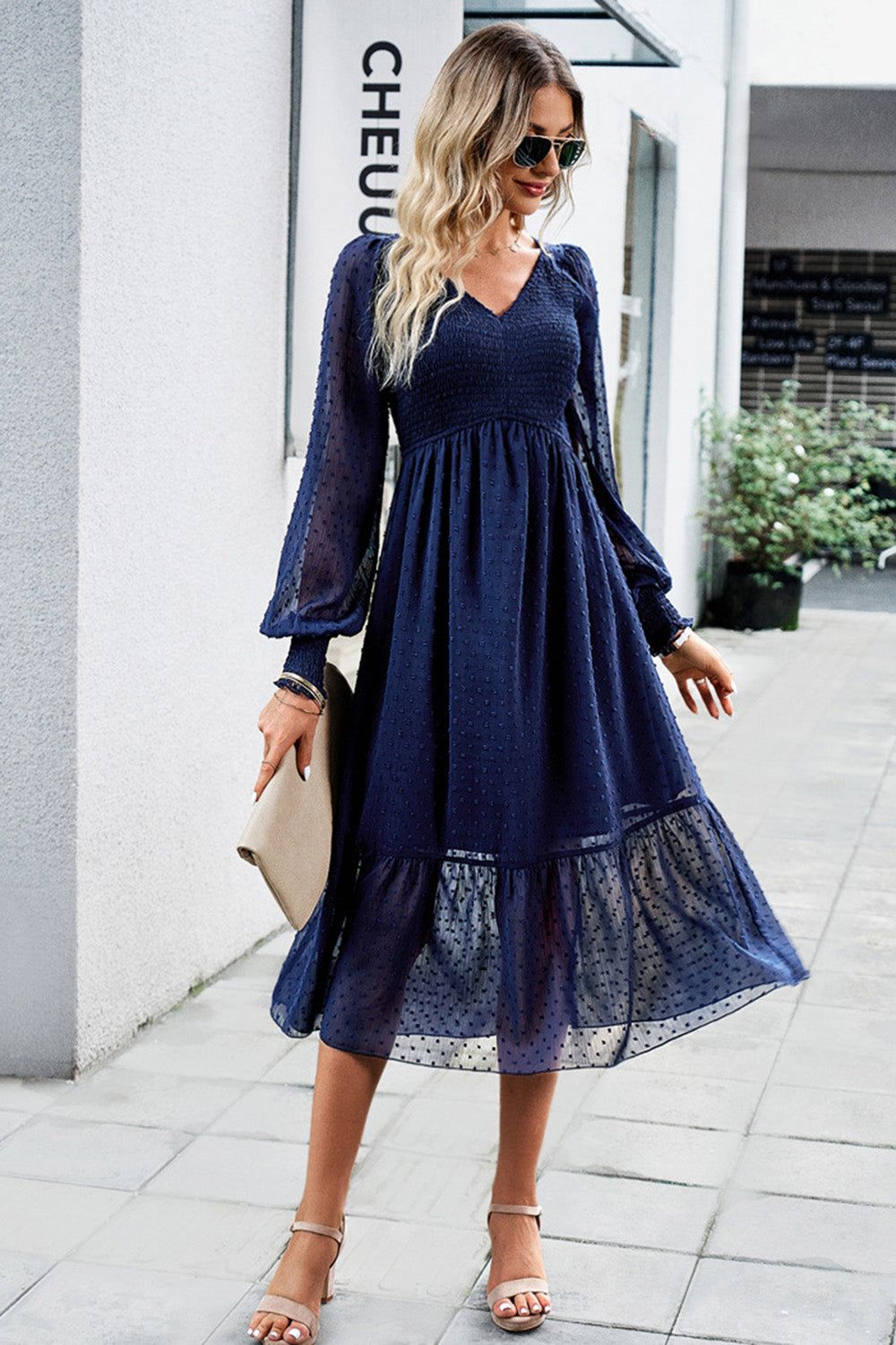 Black A-Line V-Neck Long Sleeves Casual Dress sold by Zapaka product image thumbnail 5