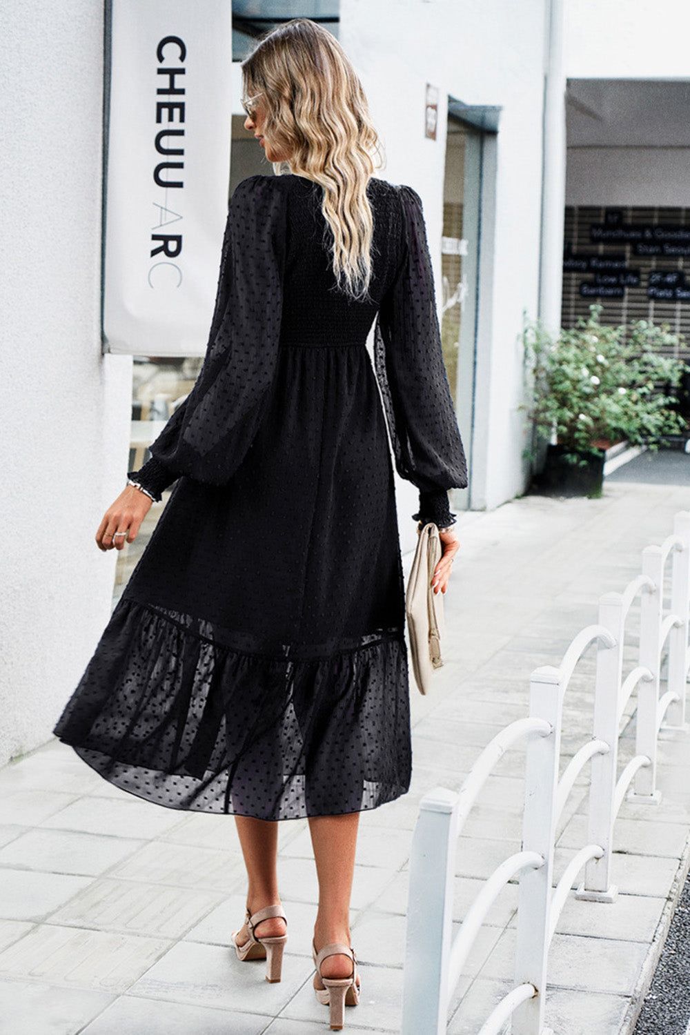 Black A-Line V-Neck Long Sleeves Casual Dress sold by Zapaka product image thumbnail 2