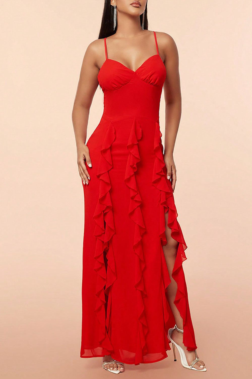 Red Spaghetti Straps Prom Dress with Ruffles sold by Zapaka product image thumbnail 5