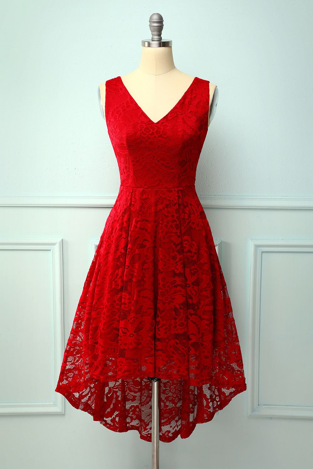 Dark Red Lace Asymmetrical Dress sold by Zapaka