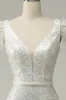 White Sequins V Neck Mermaid Long Prom Dress With Feathers sold by Zapaka