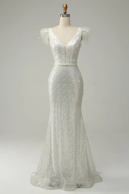 White Sequins V Neck Mermaid Long Prom Dress With Feathers sold by Zapaka