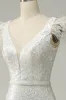 White Sequins V Neck Mermaid Long Prom Dress With Feathers sold by Zapaka