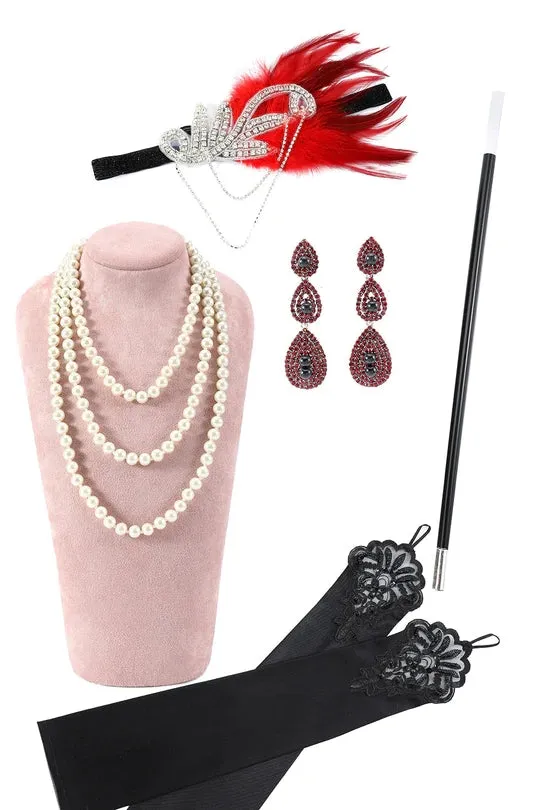 Red and Black Sequins Fringes 1920s Gatsby Dress with 20s Accessories Set sold by Zapaka product image thumbnail 4