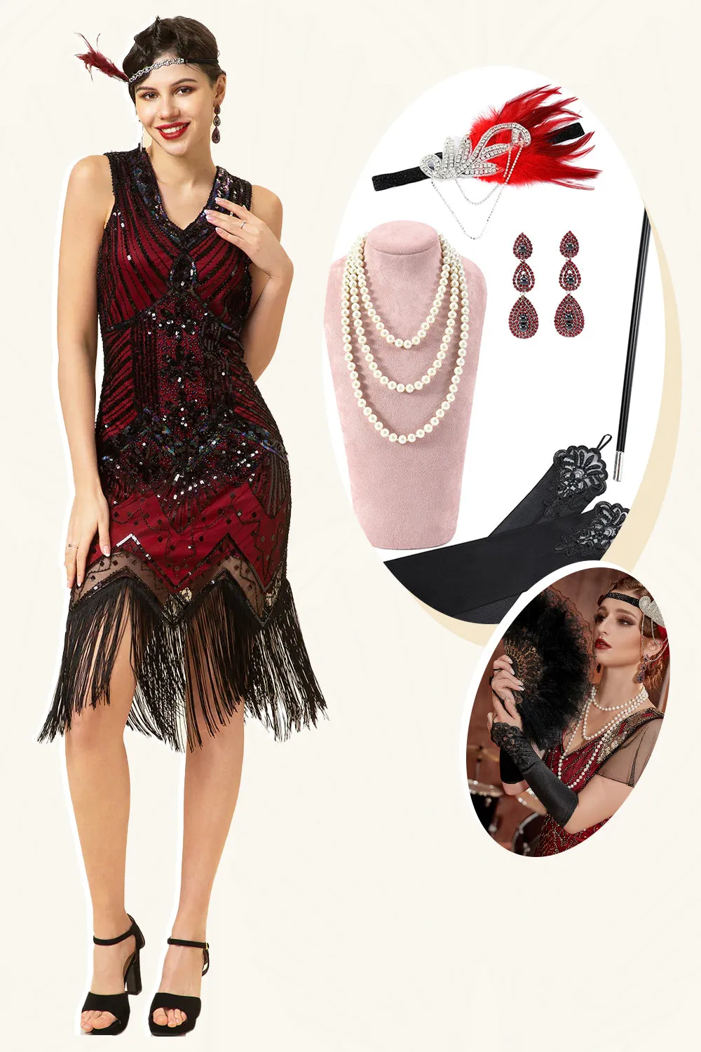 Red and Black Sequins Fringes 1920s Gatsby Dress with 20s Accessories Set sold by Zapaka