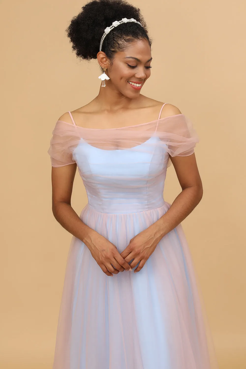 A Line Spaghetti Straps Pink&Blue Tulle Long Bridesmaid Dress sold by Zapaka product image thumbnail 4