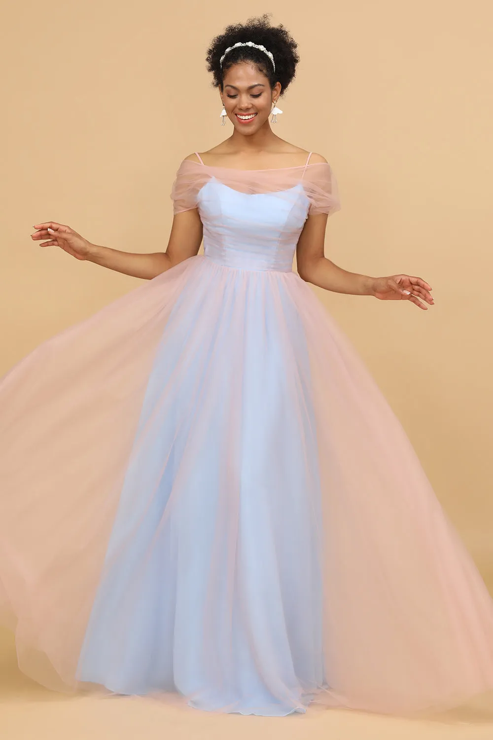 A Line Spaghetti Straps Pink&Blue Tulle Long Bridesmaid Dress sold by Zapaka