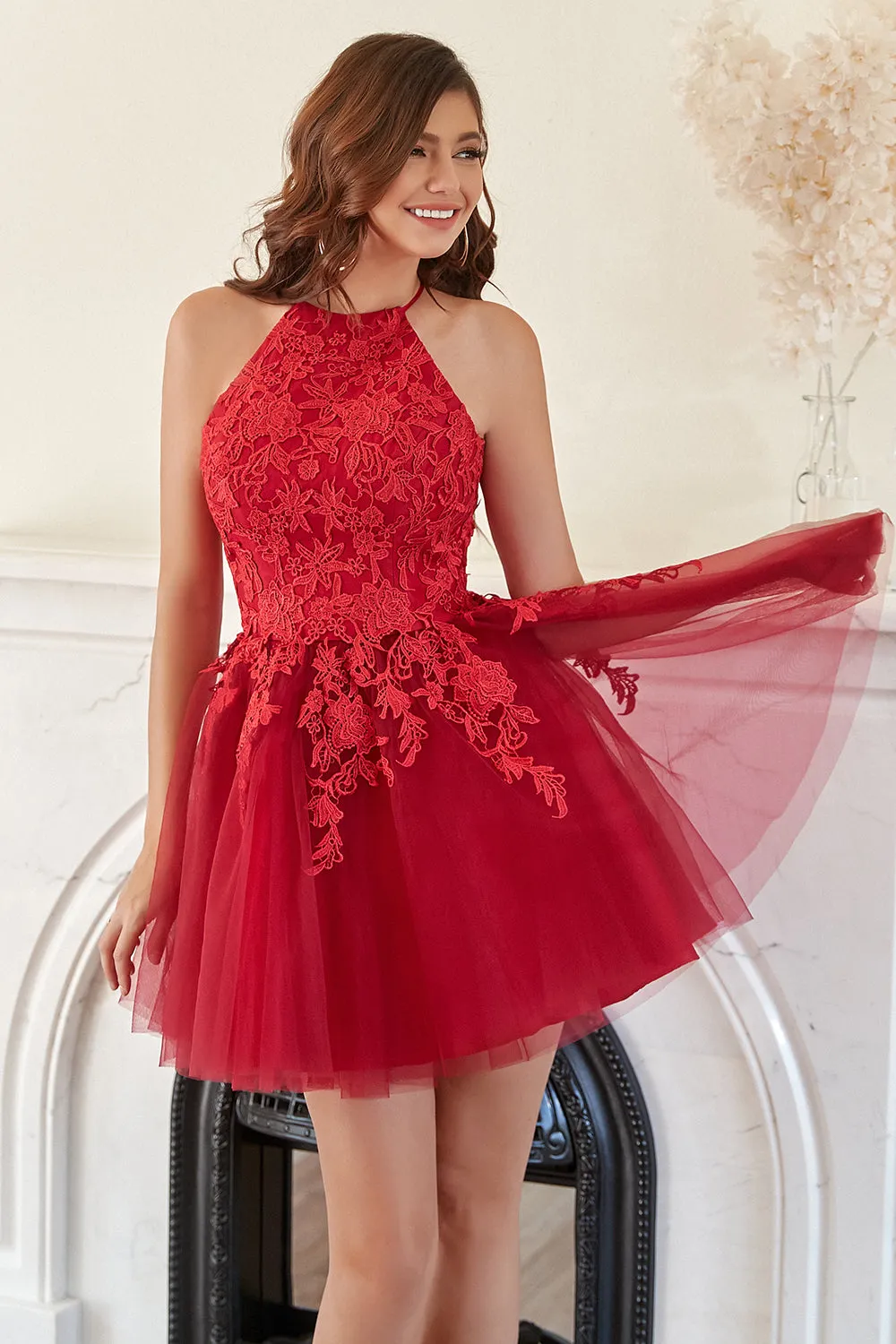 A Line Halter Red Short Homecoming Dress with Appliques sold by Zapaka product image thumbnail 5