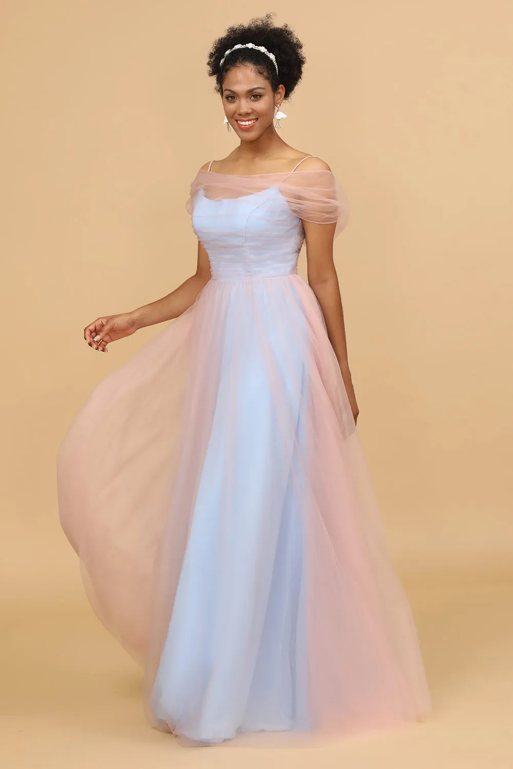 A Line Spaghetti Straps Pink&Blue Tulle Long Bridesmaid Dress sold by Zapaka product image thumbnail 5