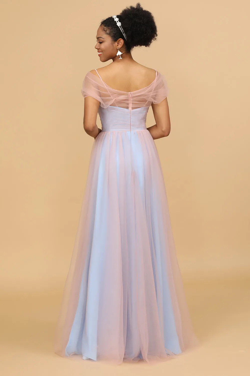 A Line Spaghetti Straps Pink&Blue Tulle Long Bridesmaid Dress sold by Zapaka product image thumbnail 2