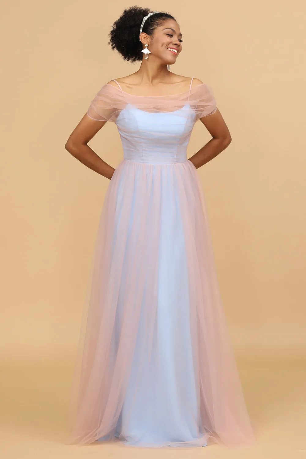 A Line Spaghetti Straps Pink&Blue Tulle Long Bridesmaid Dress sold by Zapaka product image thumbnail 3