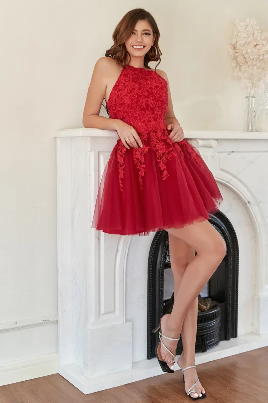 A Line Halter Red Short Homecoming Dress with Appliques sold by Zapaka