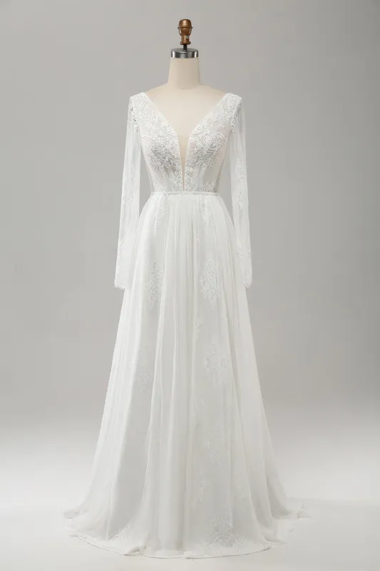 White A Line V Neck Long Sleeves Beach Boho Wedding Dress with Lace Appliqued sold by Zapaka