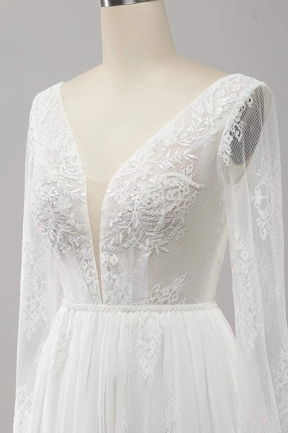 White A Line V Neck Long Sleeves Beach Boho Wedding Dress with Lace Appliqued sold by Zapaka product image thumbnail 5