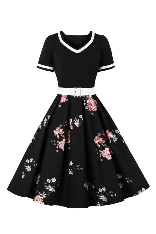 V Neck Short Sleeves Black 1950s Dress With Belt sold by Zapaka