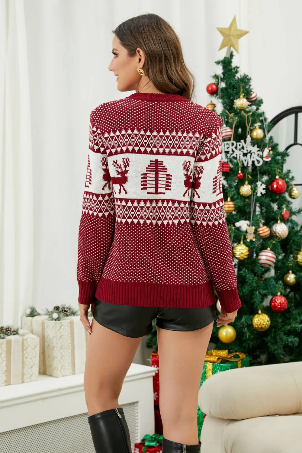 Red Crewneck Pullover Christmas Reindeer Sweater sold by Zapaka product image thumbnail 2