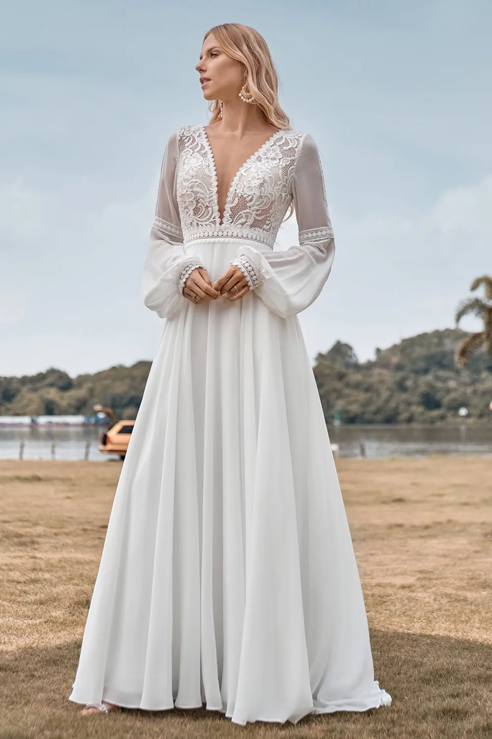 Long Sleeves Ivory A Line Wedding Dress with Lace sold by Zapaka product image thumbnail 3