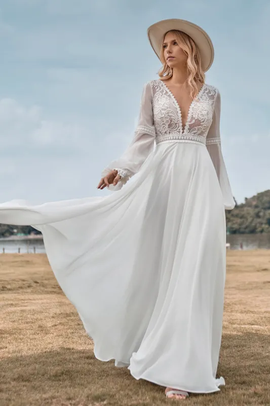 Long Sleeves Ivory A Line Wedding Dress with Lace sold by Zapaka