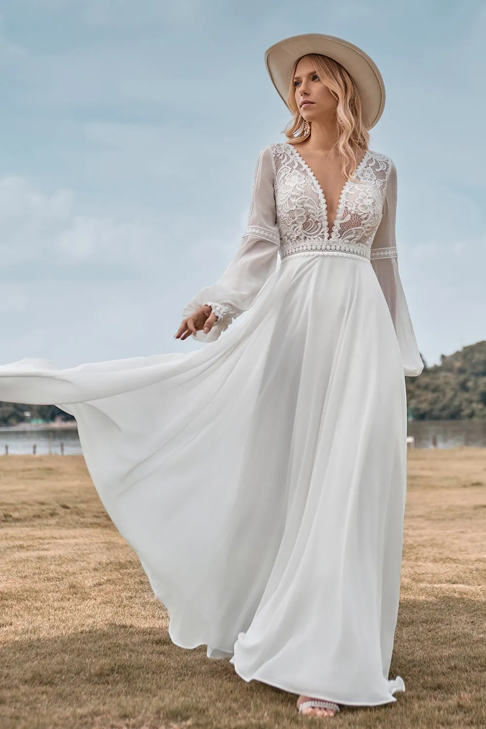Long Sleeves Ivory A Line Wedding Dress with Lace sold by Zapaka