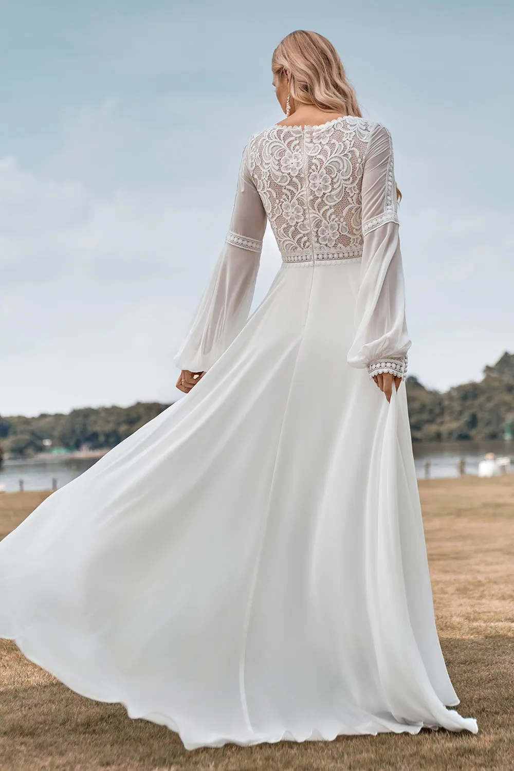 Long Sleeves Ivory A Line Wedding Dress with Lace sold by Zapaka product image thumbnail 2