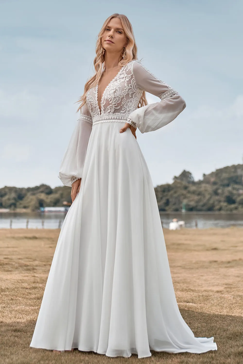 Long Sleeves Ivory A Line Wedding Dress with Lace sold by Zapaka product image thumbnail 4