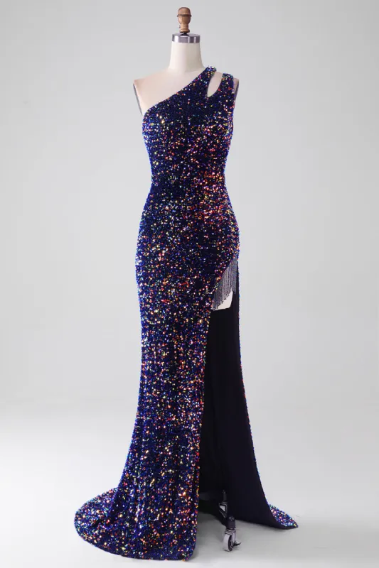Black Mermaid One Shoulder Sequins Long Prom Dress with Slit sold by Zapaka