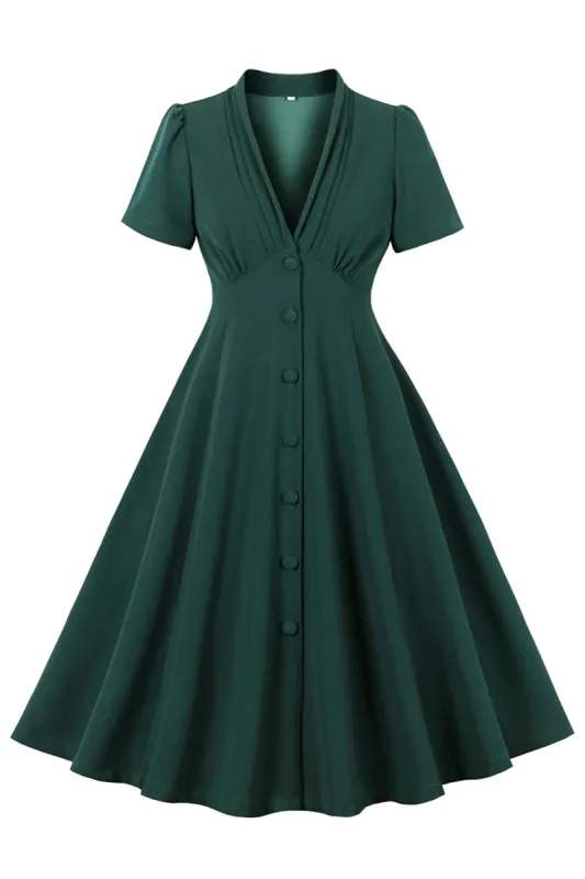 Dark Green V Neck Single Breasted 1950s Dress sold by Zapaka