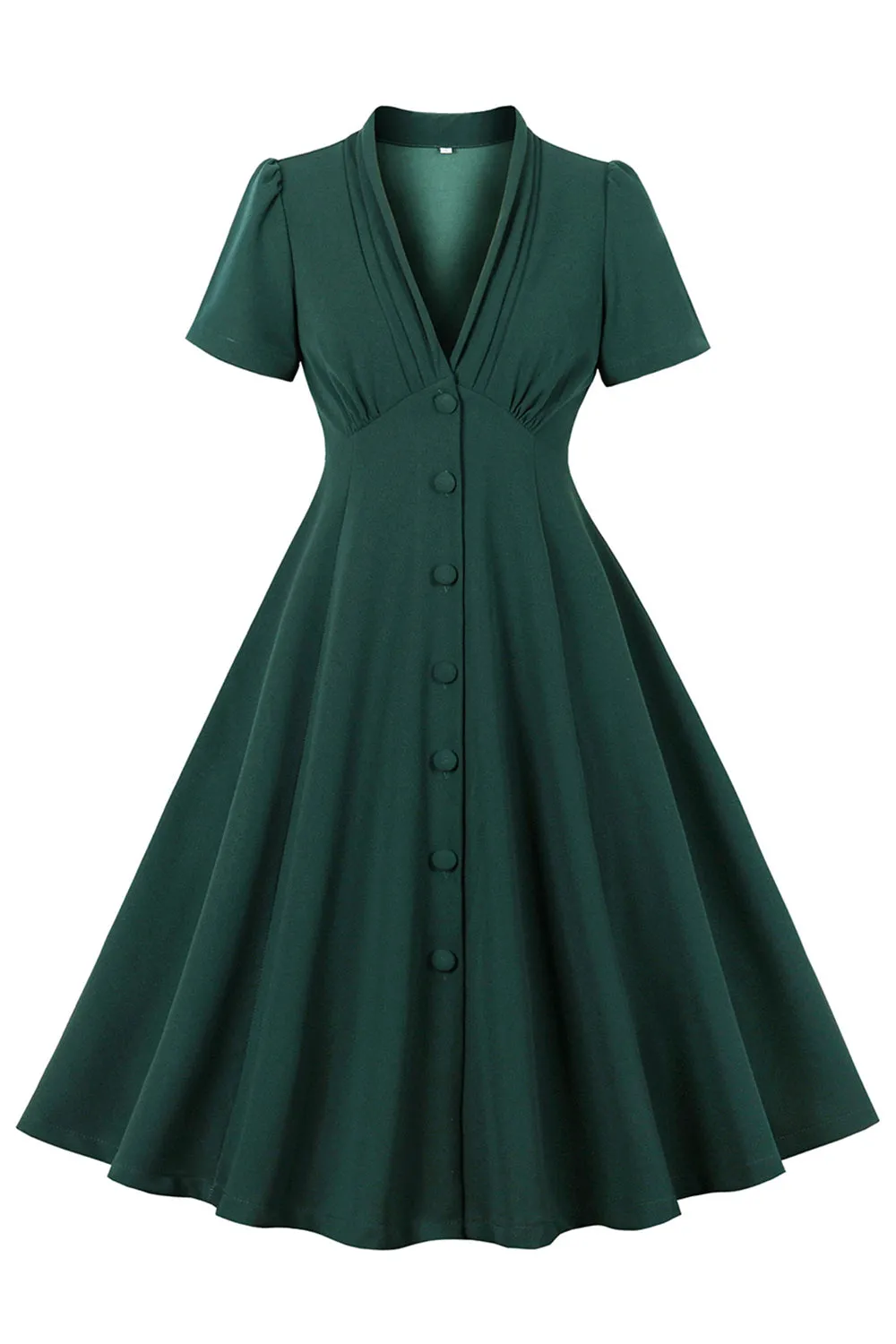 Dark Green V Neck Single Breasted 1950s Dress sold by Zapaka