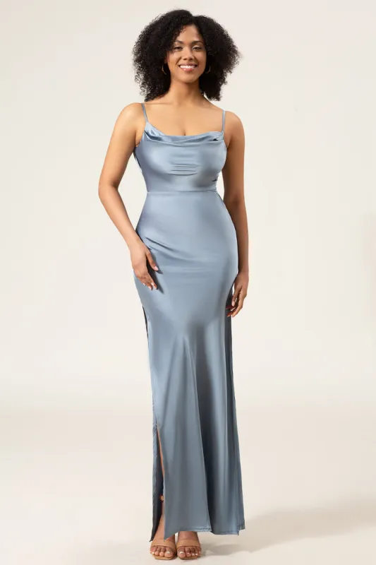 Dusty Blue Spaghetti Straps Sheath Satin Long Bridesmaid Dress sold by Zapaka
