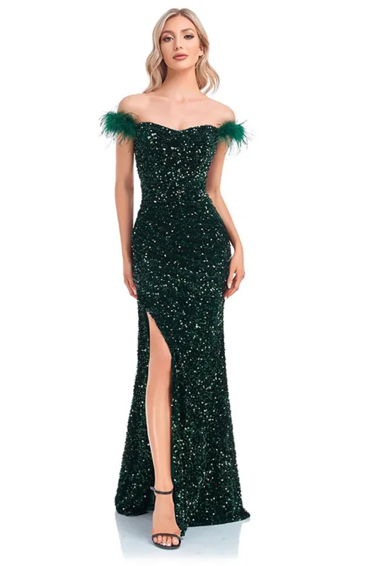 Sparkly Sequin Dark Green Mermaid Off the Shoulder Prom Dress With Slit sold by Zapaka
