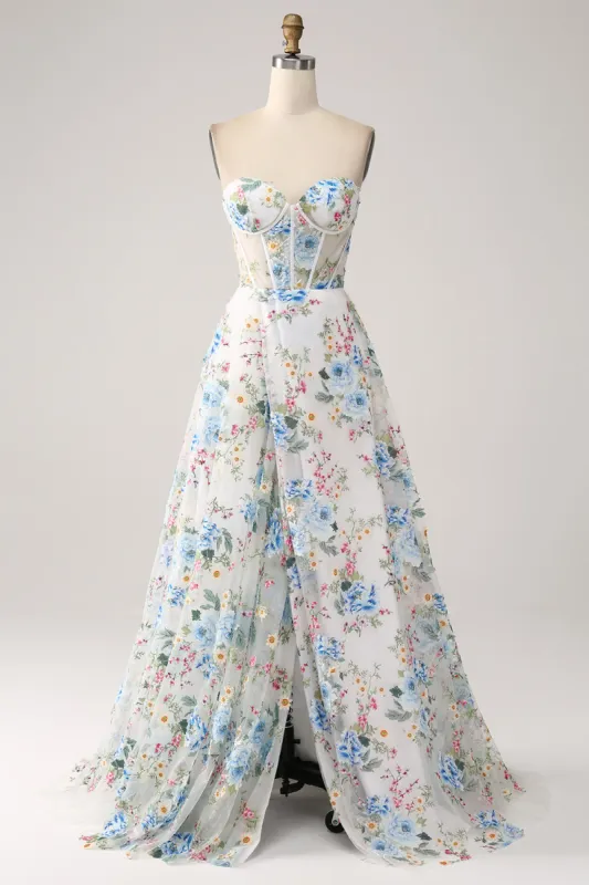 Ivory Flower A-Line Strapless Long Corset Prom Dress sold by Zapaka