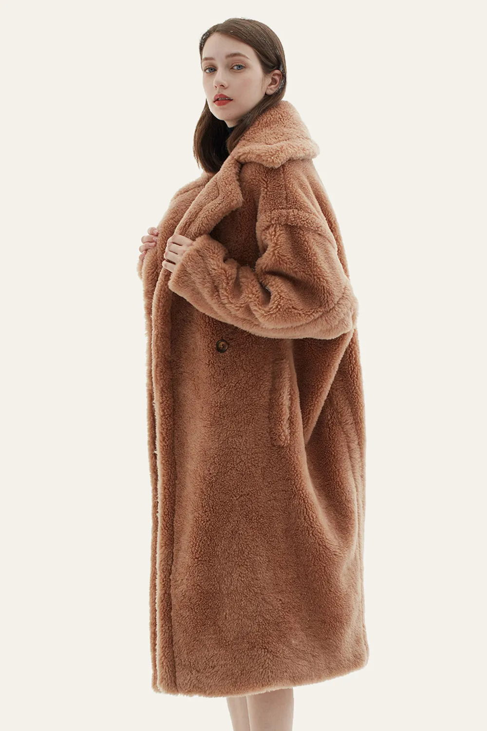 Camel Lapel Fleece Oversized Long Fuzzy Teddy Coat sold by Zapaka product image thumbnail 3