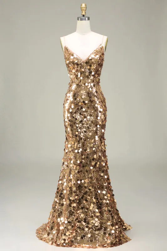 Sparkly Golden Mermaid Sequin Prom Dress With Slit sold by Zapaka