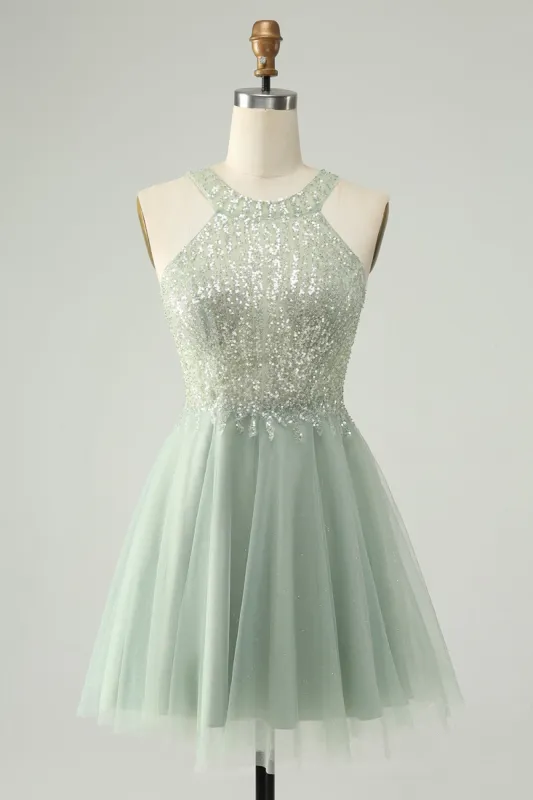Dusty Green Halter Sequins A Line Homecoming Dress sold by Zapaka