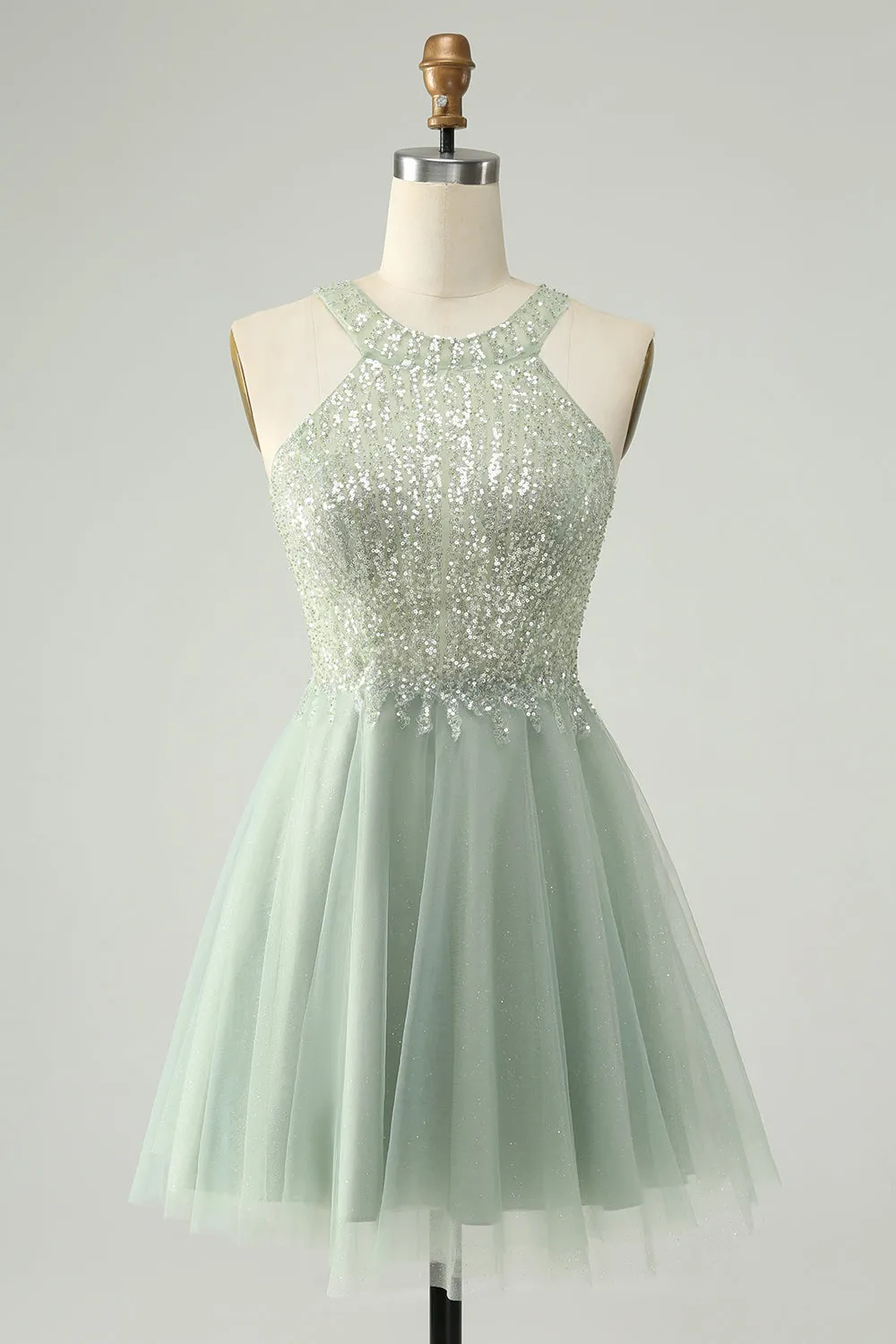 Dusty Green Halter Sequins A Line Homecoming Dress sold by Zapaka