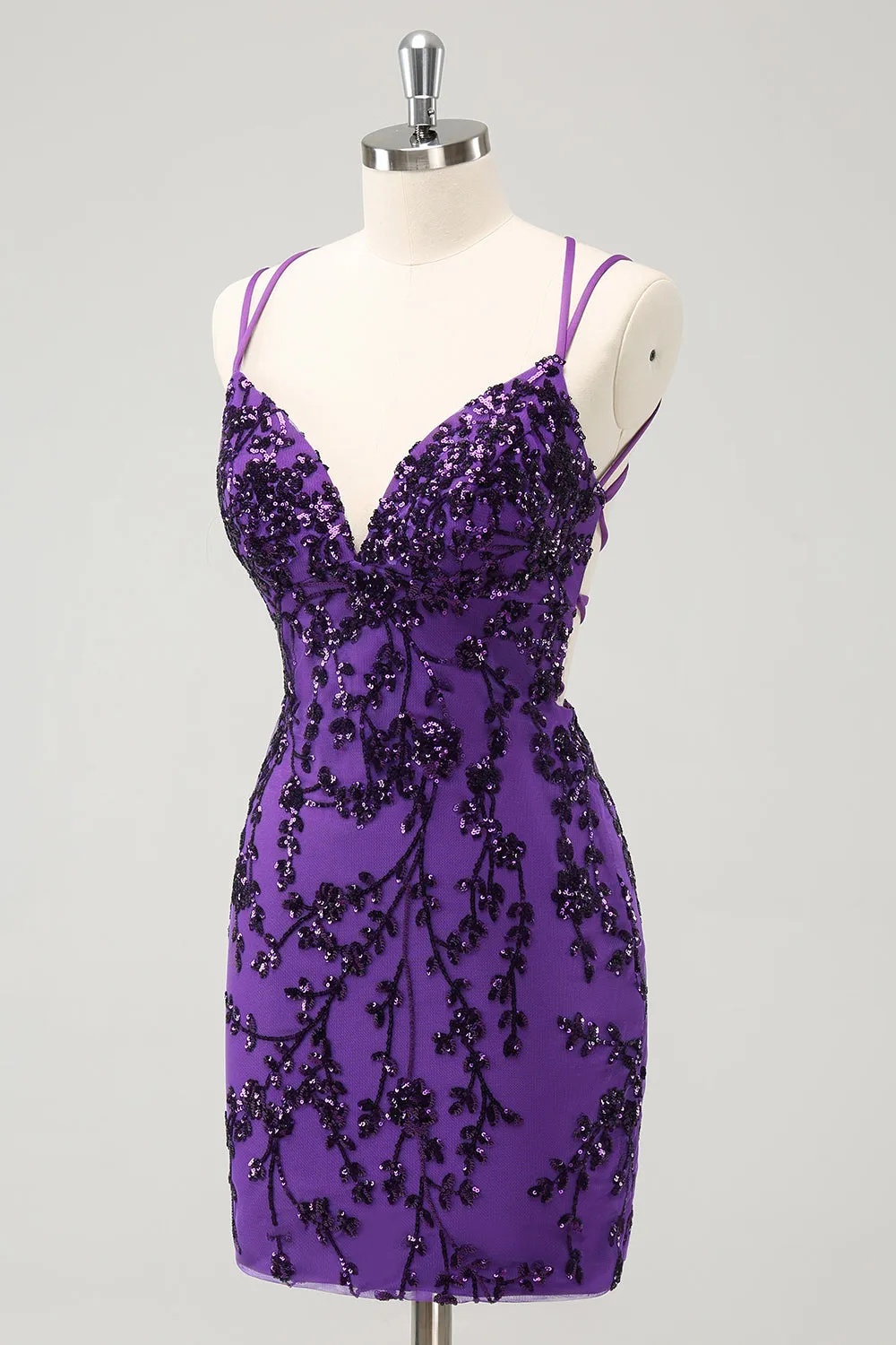 Sparkly Purple Spaghetti Straps Tight Short Homecoming Dress with Appliques sold by Zapaka product image thumbnail 3