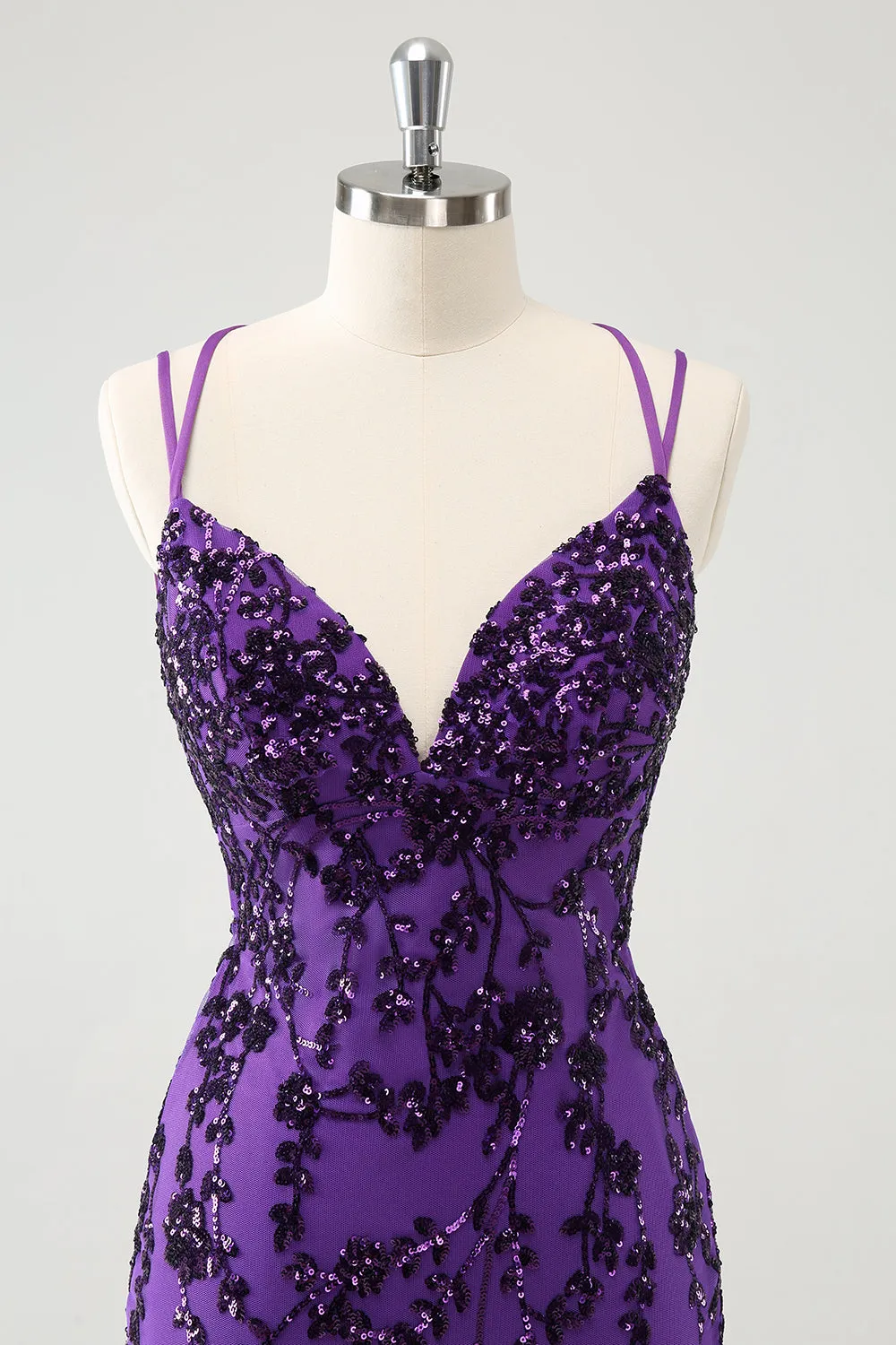 Sparkly Purple Spaghetti Straps Tight Short Homecoming Dress with Appliques sold by Zapaka product image thumbnail 4