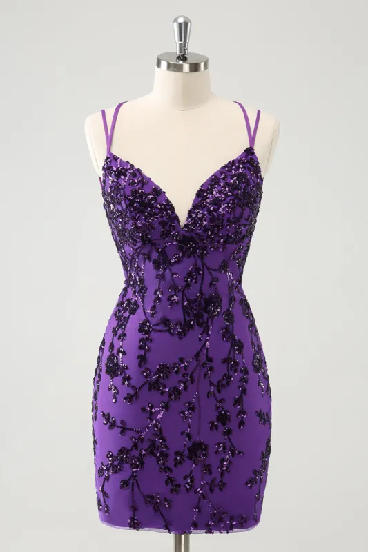 Sparkly Purple Spaghetti Straps Tight Short Homecoming Dress with Appliques sold by Zapaka