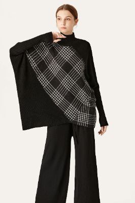 Black Plaid Mock Neck Poncho Sweater sold by Zapaka