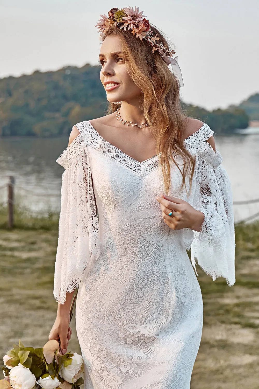 Ivory Lace Cold Shoulder Mermaid Cape Sleeve Boho Wedding Dress sold by Zapaka product image thumbnail 3
