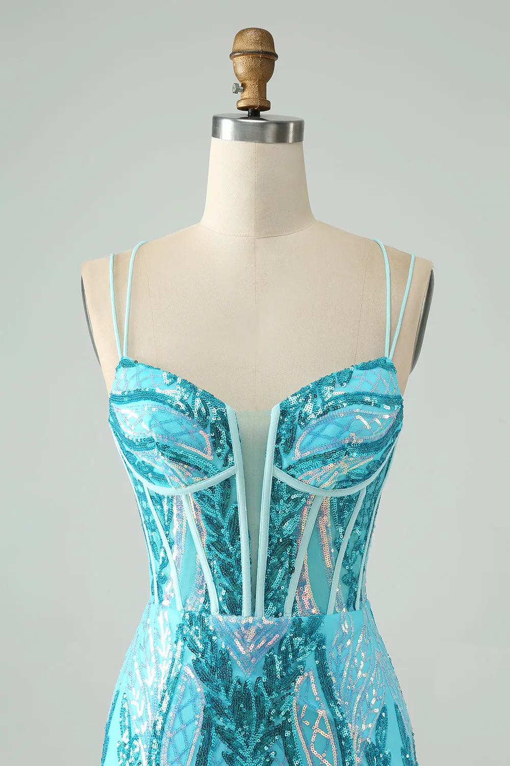 Sparkly Blue Bodycon Spaghetti Straps Corset Homecoming Dress with Sequins sold by Zapaka product image thumbnail 4