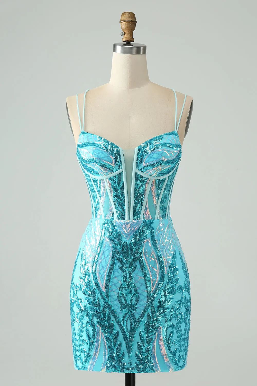 Sparkly Blue Bodycon Spaghetti Straps Corset Homecoming Dress with Sequins sold by Zapaka