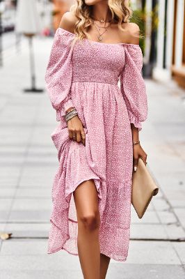 Pink Off the Shoulder Floral Printed Midi Summer Dress With Slit sold by Zapaka