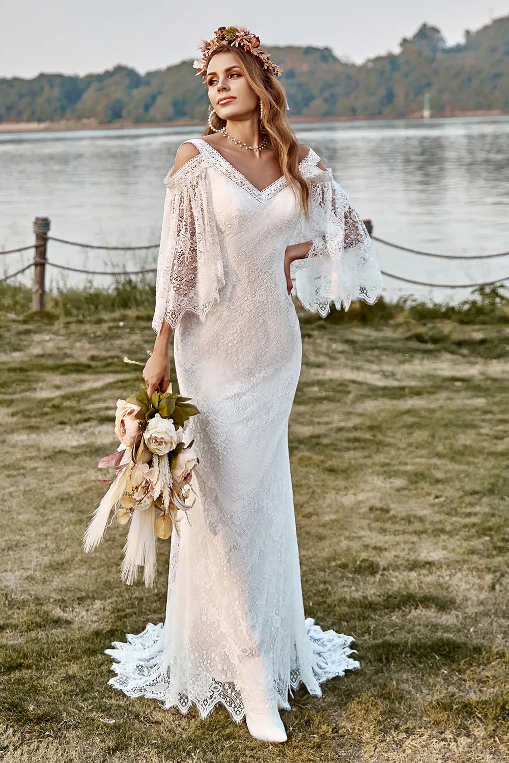 Ivory Lace Cold Shoulder Mermaid Cape Sleeve Boho Wedding Dress sold by Zapaka product image thumbnail 4