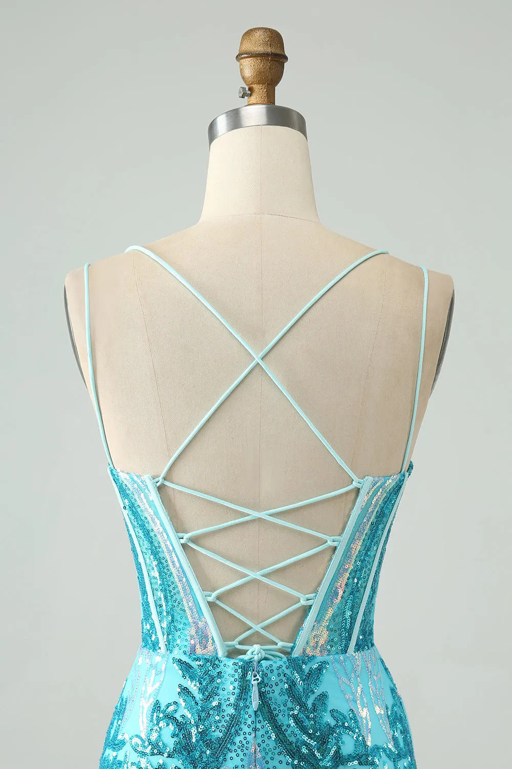 Sparkly Blue Bodycon Spaghetti Straps Corset Homecoming Dress with Sequins sold by Zapaka product image thumbnail 5
