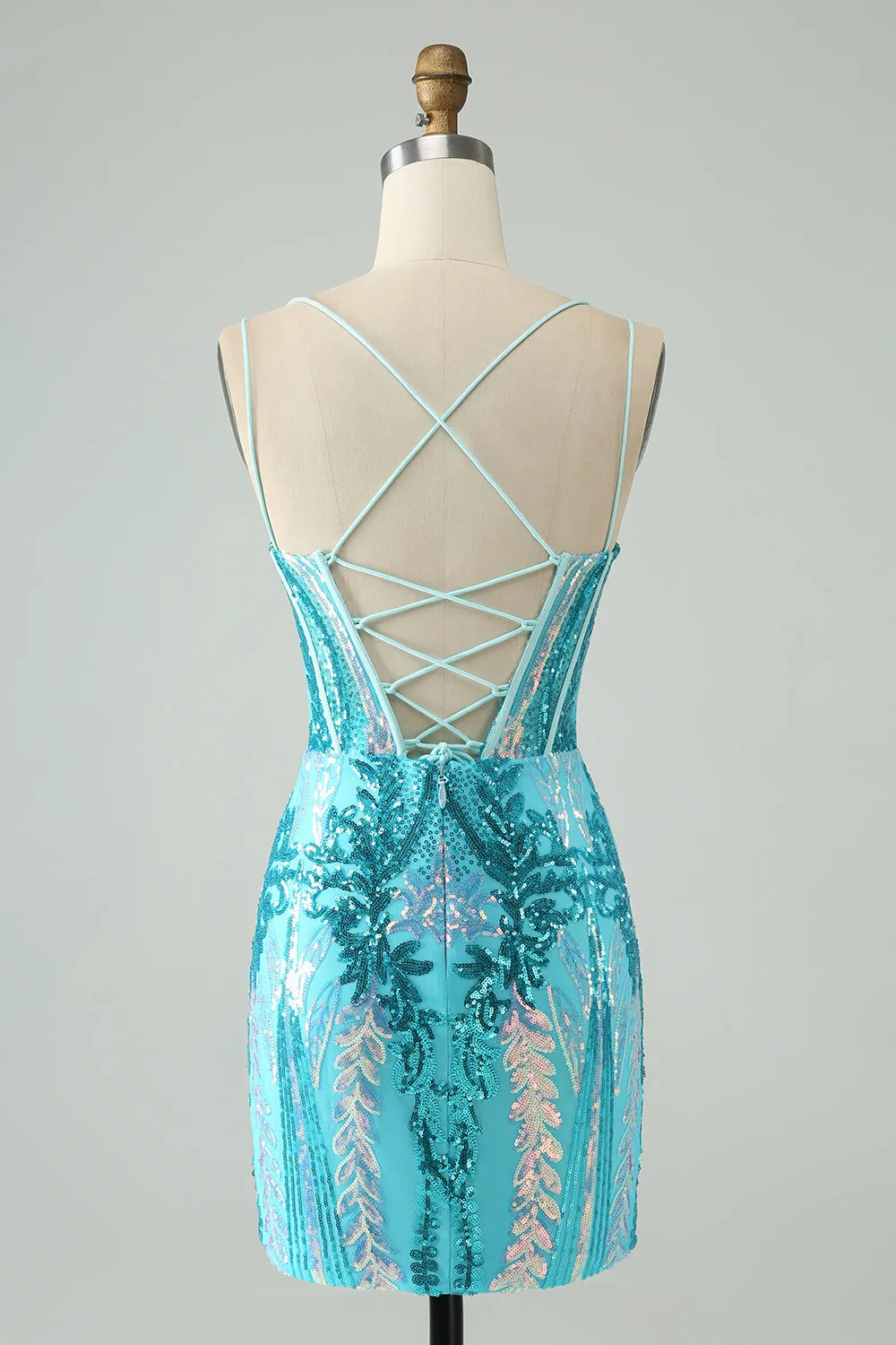 Sparkly Blue Bodycon Spaghetti Straps Corset Homecoming Dress with Sequins sold by Zapaka product image thumbnail 2