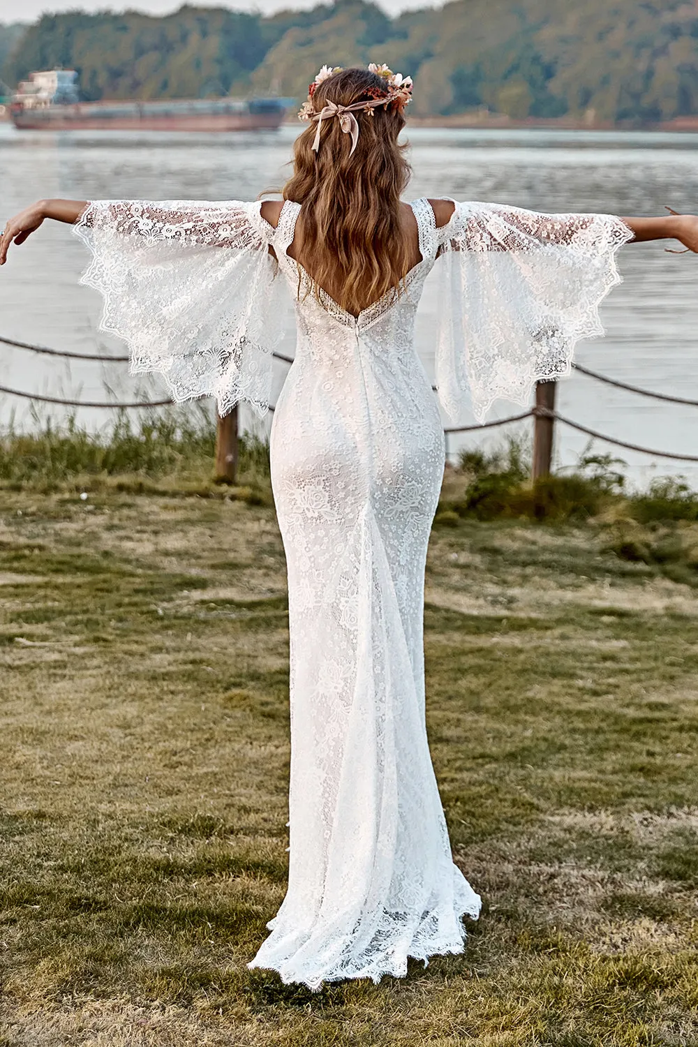 Ivory Lace Cold Shoulder Mermaid Cape Sleeve Boho Wedding Dress sold by Zapaka product image thumbnail 2