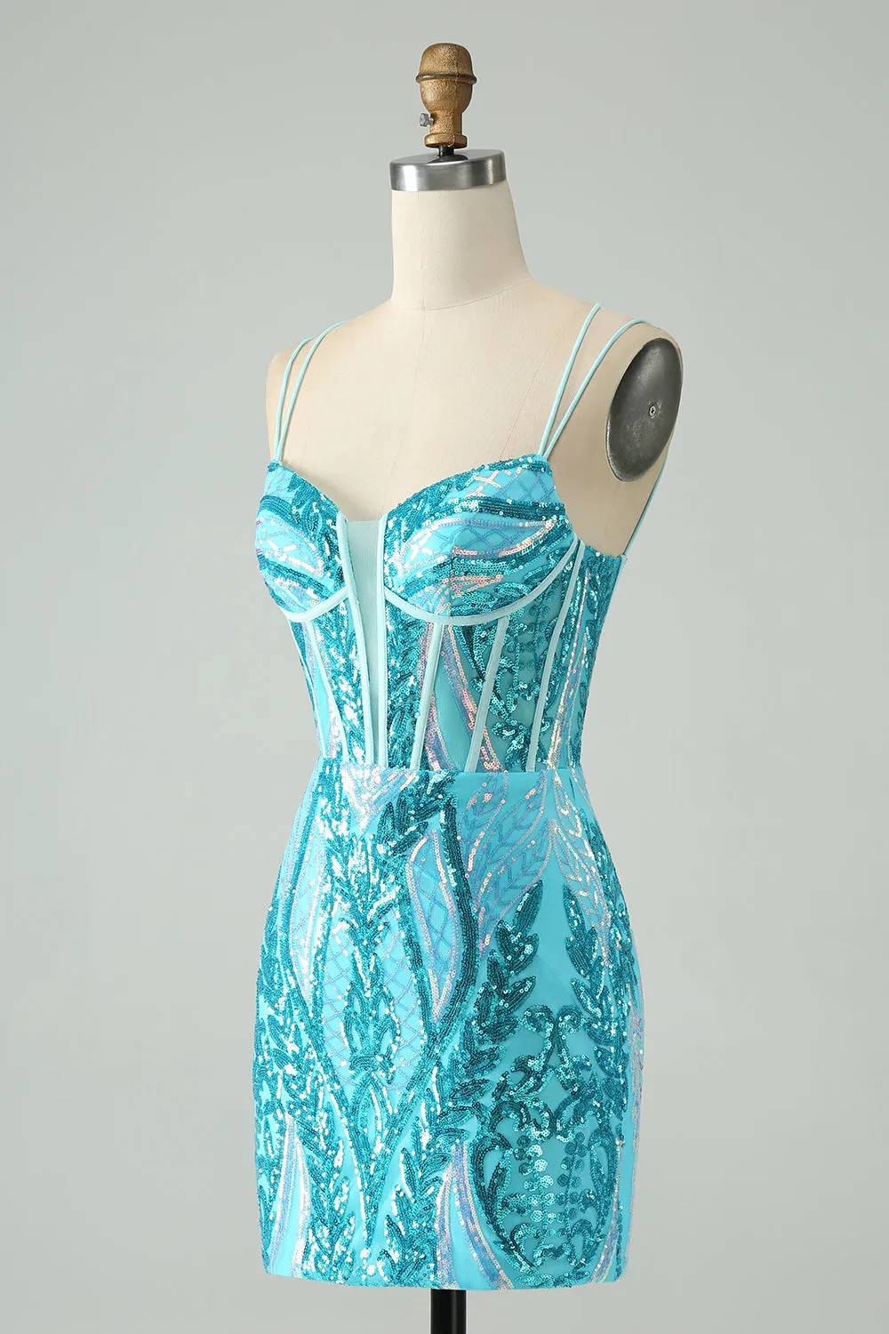 Sparkly Blue Bodycon Spaghetti Straps Corset Homecoming Dress with Sequins sold by Zapaka product image thumbnail 3